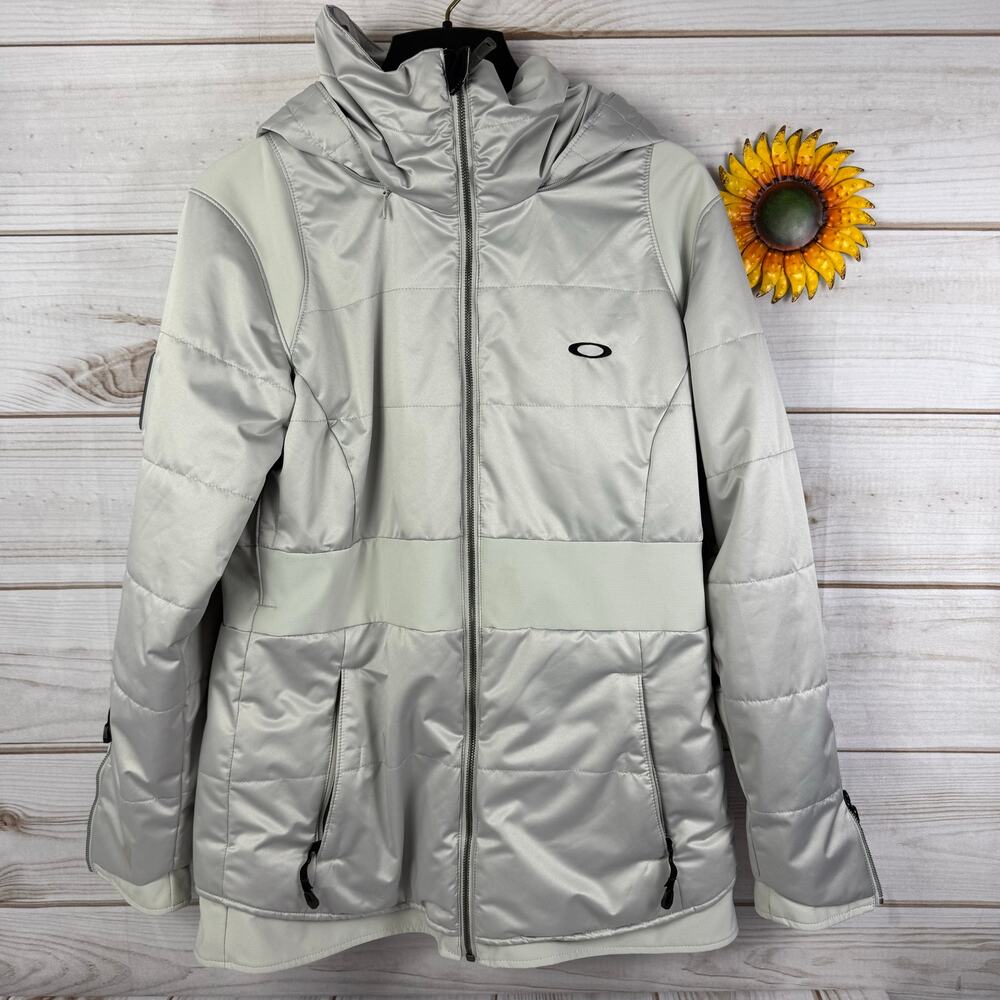 Oakley Womens Ski Jacket Coat Silver Full Zip Hooded Winter Outerwear Large‎